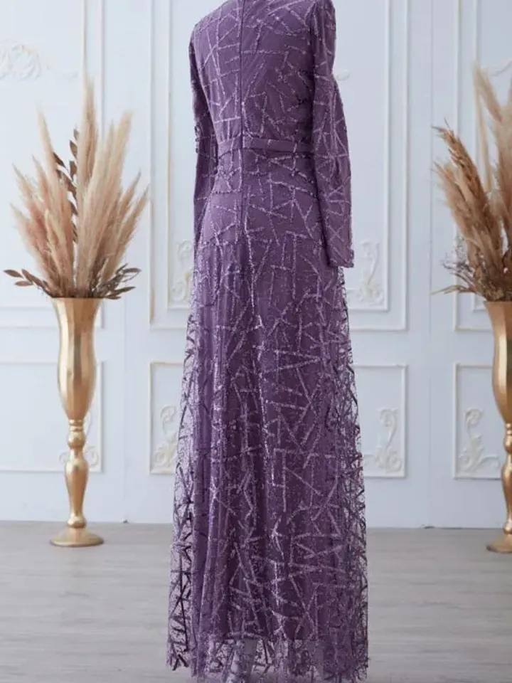 Parıltı lavander silvery embroidered Ahunare Wedding Dress, Muslim Evening Gown, Islamic Wedding, Engagement, Bridesmaid, Maxi Dress