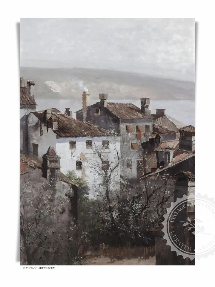 Moody European Cityscape Painting, Architecture Vintage Print, Neutral Printable Wall Art Digital Downloadable | 85