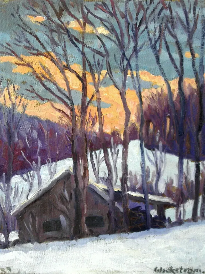 Original Landscape Painting - Winter Sunset/Berkshires- 10x12 Oil on Canvas, Plein Air Impressionist Snow Scene, Signed Original