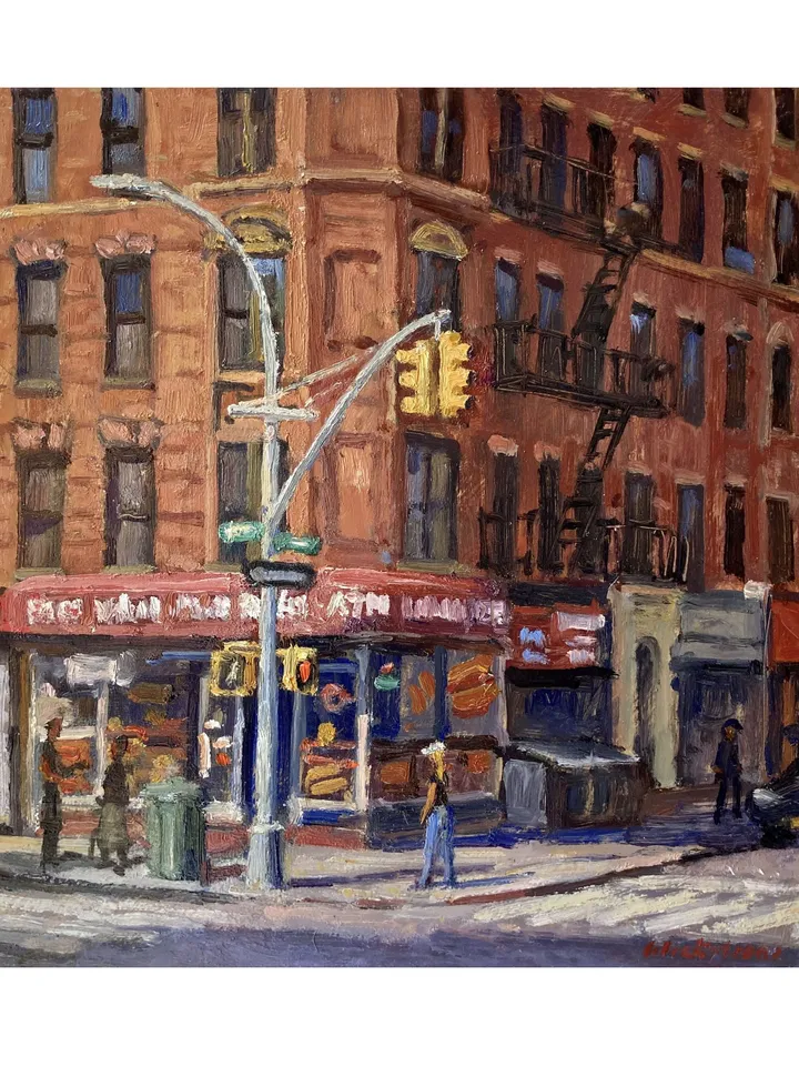 Original East Village Cityscape - From Avenue B and 4th St/NYC - 12x12 Oil on Panel, New York Urban Impressionist Landscape, Signed Original