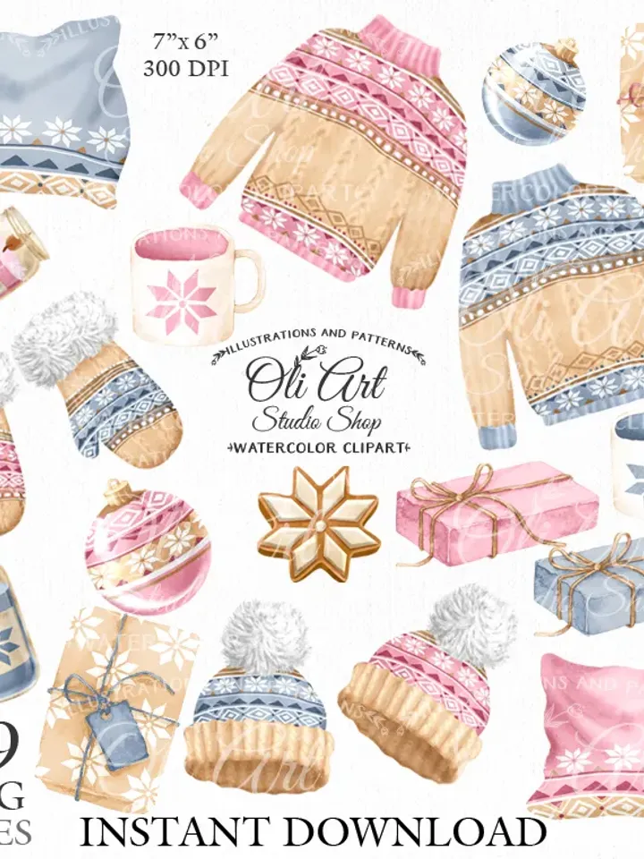 Set of Winter Accessories Clip Art. Design Digital Download. Hand painted clipart. OliArtStudioShop