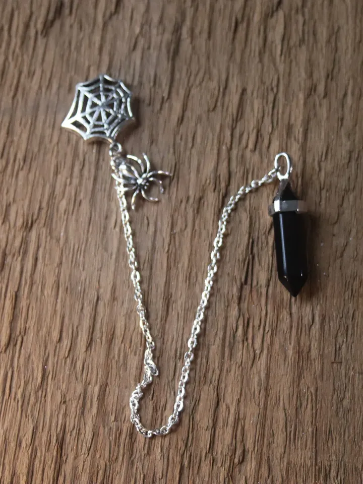 Arachne's Pendulum, Black Onyx Pendulum with Web and Spider, Silver Toned Black Pendulum for Dowsing, Spider Themed Pendulum