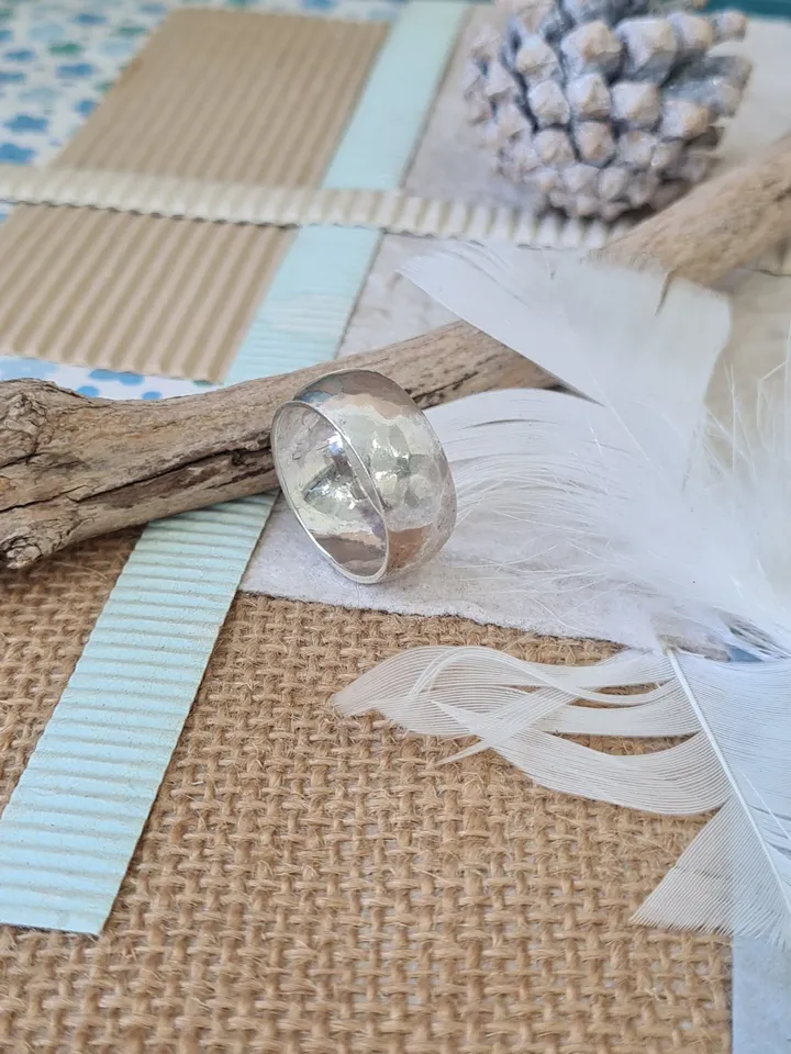 Wide Concave Hammered Sterling Silver Ring