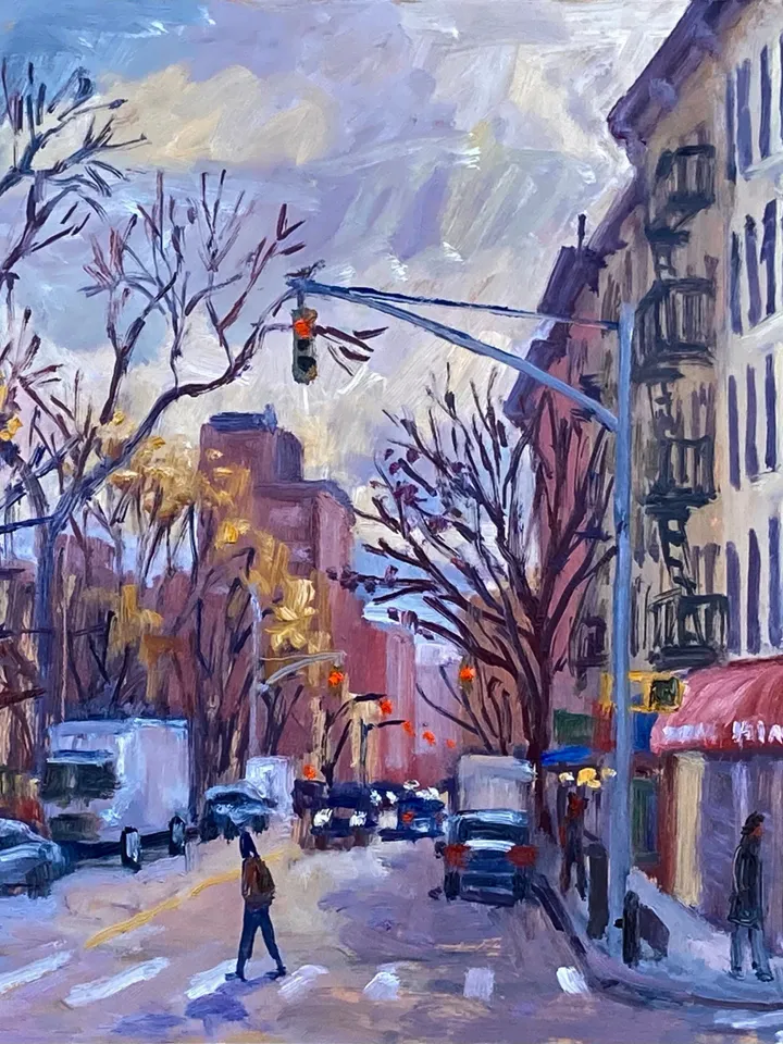 Original East Village Cityscape - Down Avenue A/NYC- 12x12 Oil on Panel, New York Urban Impressionist Landscape, Signed Original Fine Art