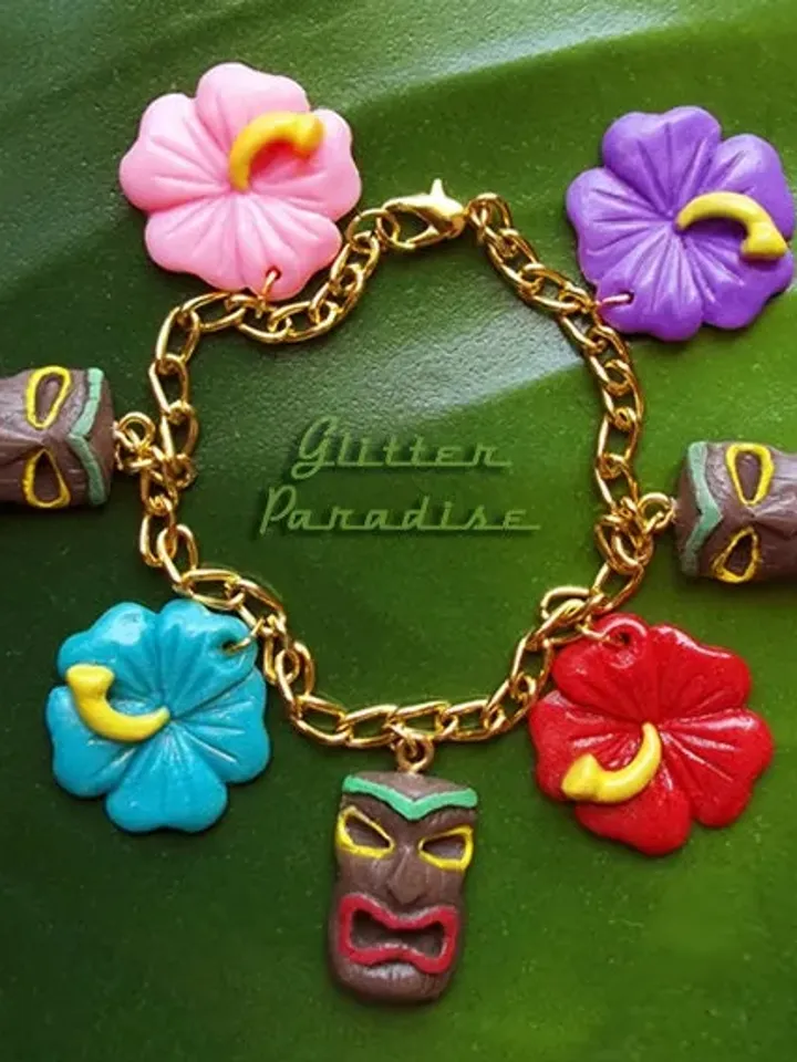 Tiki & Hibiscus - Bracelet - Tiki Jewelry - Tiki Oasis - Hula Girl - Vintage Exotica - Hawaii Jewelry Tropical - Wahine - Glitter Paradise®