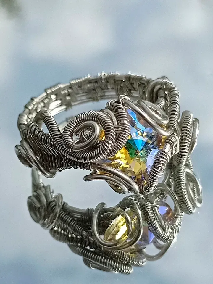 Swarovski Crystal Ring Size Silver Wire Wrapped Statement Ring