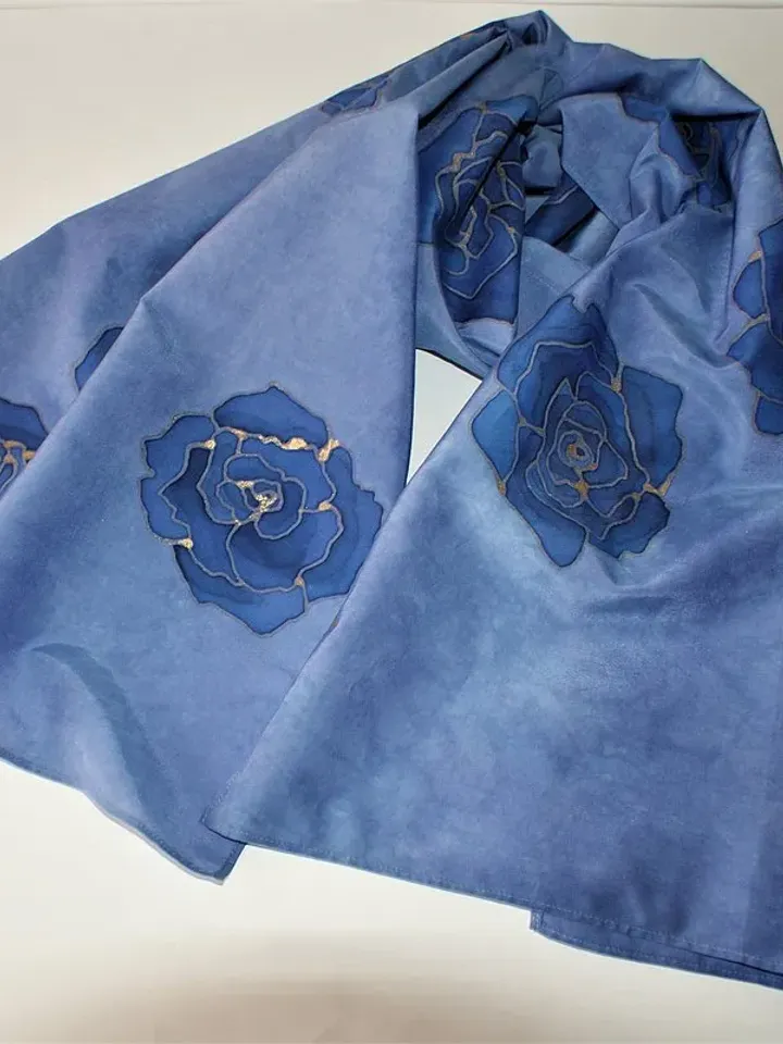 Silk cotton blend scarf Hand painted scarf Indigo blue scarf wrap Floral scarves