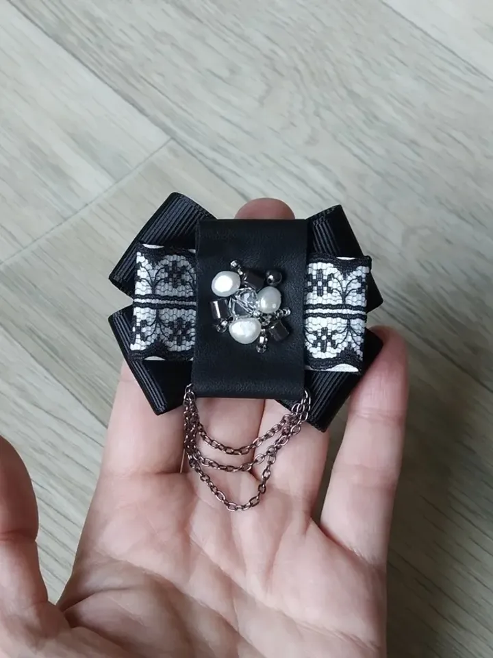 Goth bow tie brooch Black collar bow brooch Gothic bow tie pin with chain Victorian bow brooch