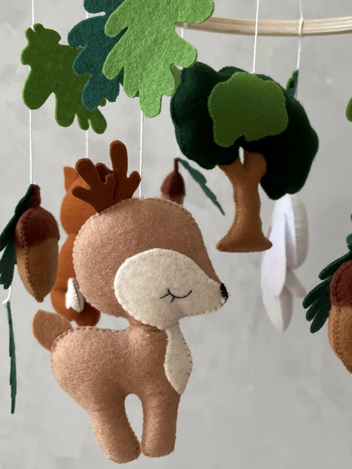 Woodland mobile baby nursery decor. Bunny dear fox mobile. Forest animals neutral baby mobile. Hanging crib mobile
