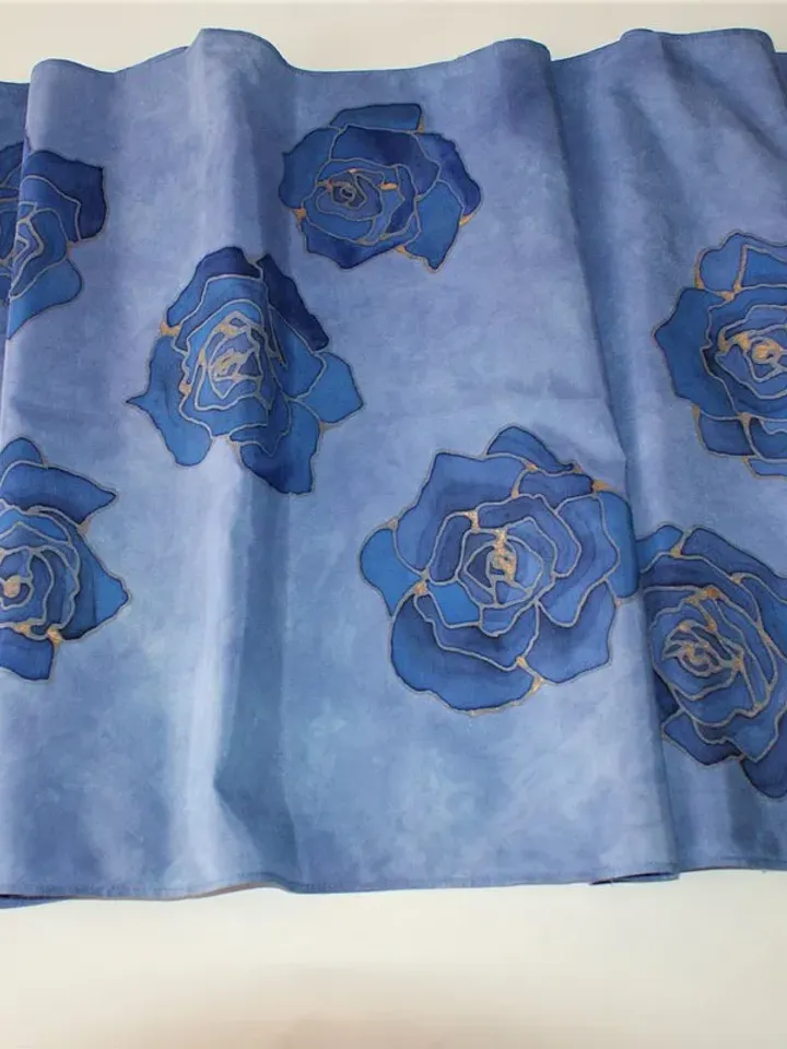 Silk cotton blend scarf Hand painted scarf Indigo blue scarf wrap Floral scarves