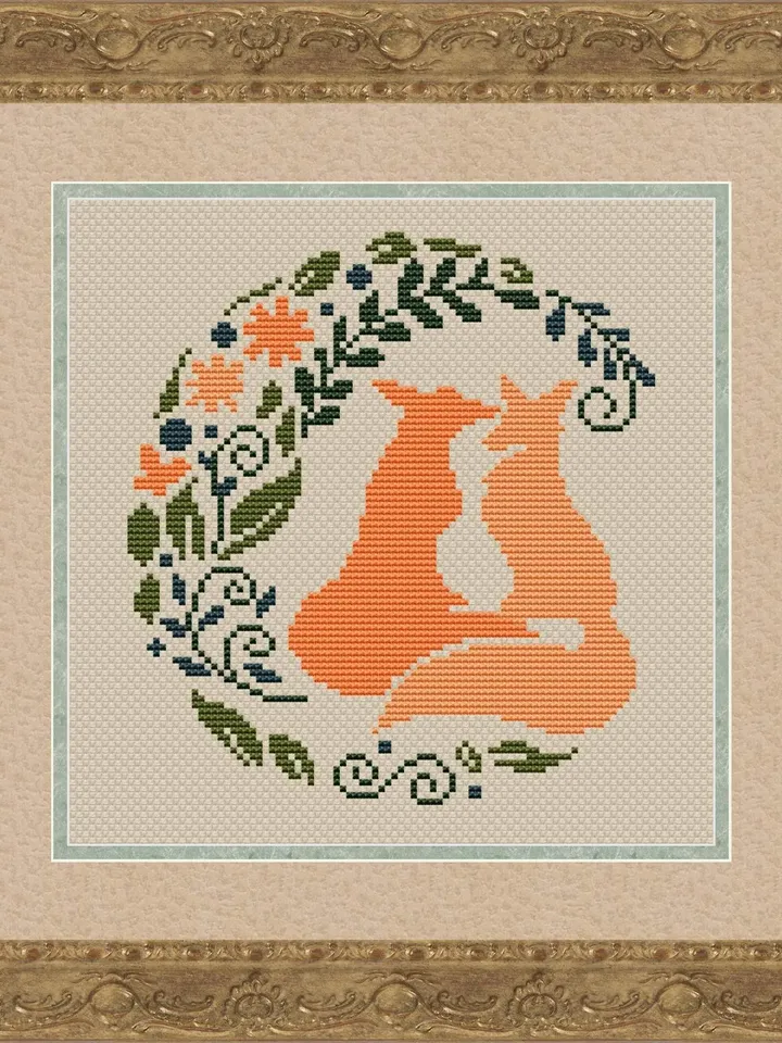 Fox Cross Stitch Pattern Modern, Foxes Cross stitch pattern PDF, Silhouette of foxes with leaf ornament