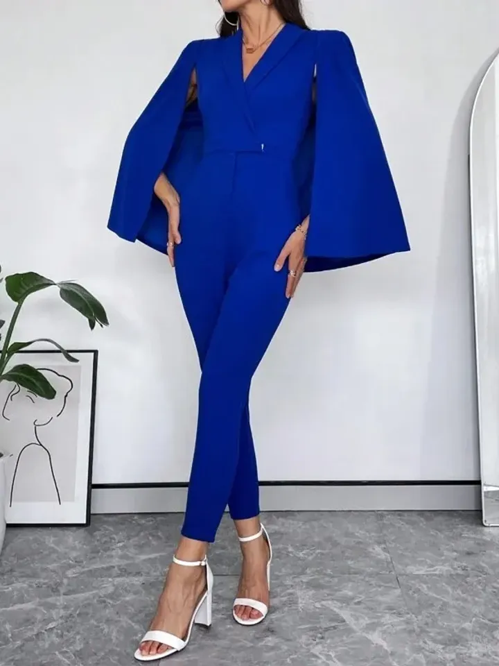 Elegant Blue Shawl Collar Cloak Sleeve Skinny Jumpsuit Pants Shirt Women Ladies Casual