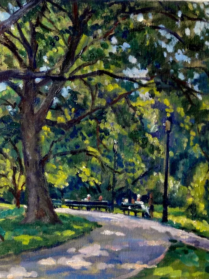 Original New York Landscape Painting - Shady Path/Inwood Hill Park/NYC- 12x12 Oil on Canvas, Impressionist Fine Art, Signed Original