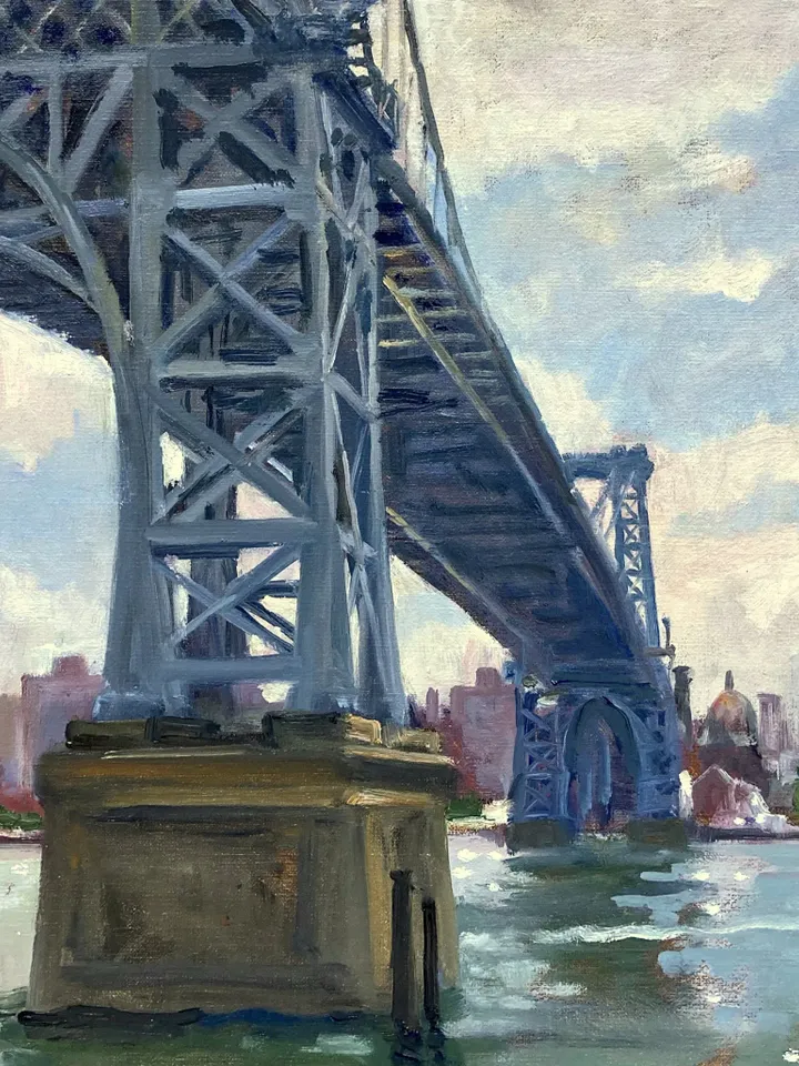 Original New York Cityscape Painting - Williamsburg Bridge/NYC - 14x20 Oil on Canvas, Impressionist Fine Art, Signed Original Landscape