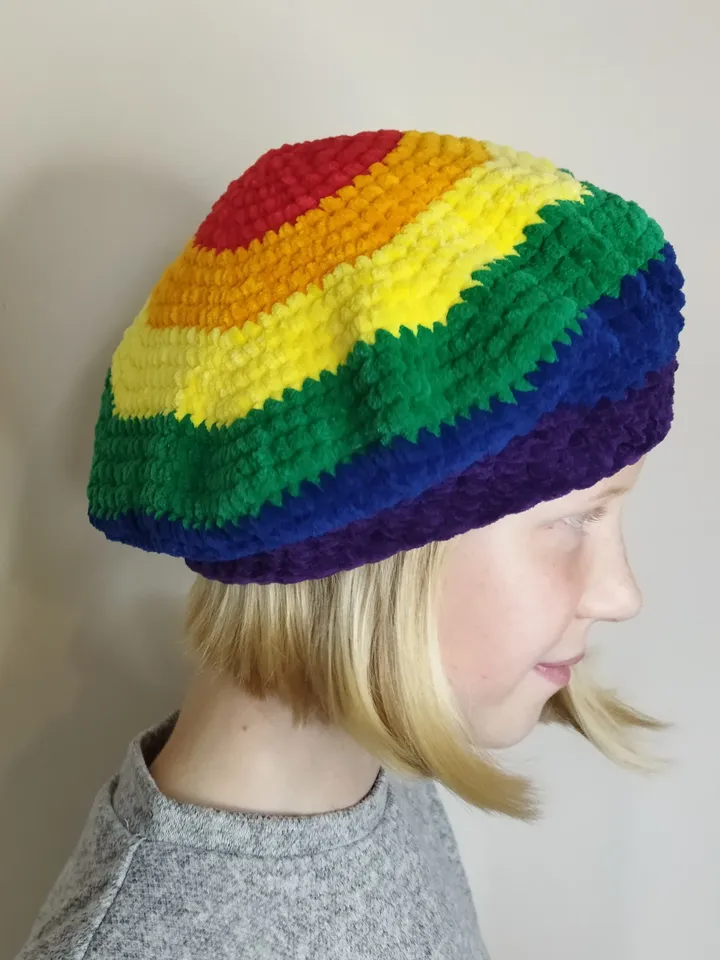 Rainbow beret hat crochet. French beret for teens. Lgbtq pride beret hat. Fluffy beret hat hand knit