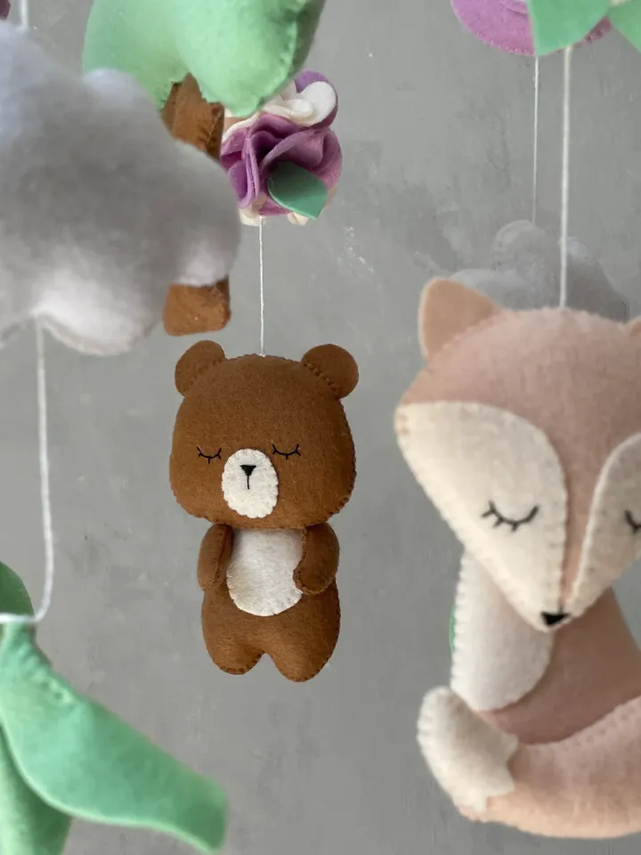 Boho baby mobile girl. Woodland baby mobile. Fox bunny bear birds mobile. Woodland nursery decor girl