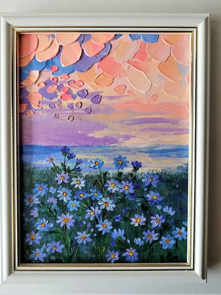Acrylic Painting Sunset Landscape with Daisies Flower Artwork