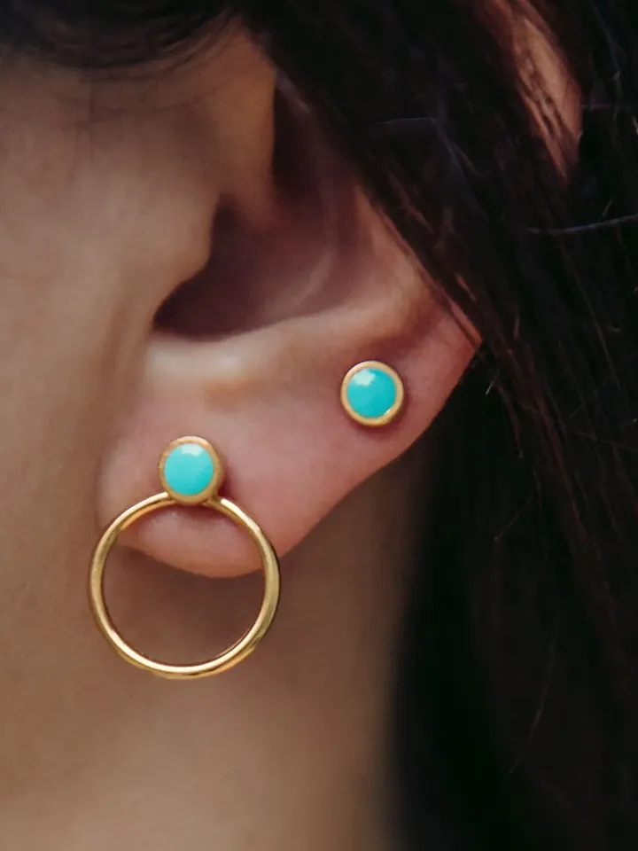 Dainty Turquoise Round Studs, Gold Open Circle Ear Jackets Minimal Opal Onix Ear Stud Cool Double Sided Geometric Front Back Jacket Earrings