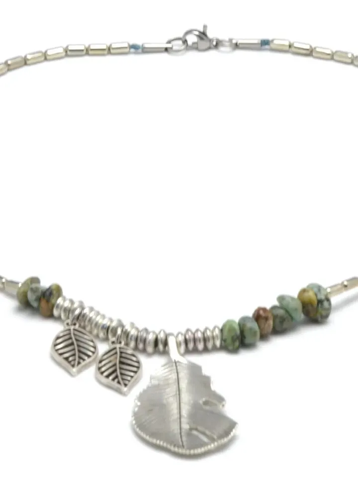 Leaf Necklaces for Women, African Turquoise Beads Necklace Leaves Leaf Pendant, Boho Bohemian Tribal Jewelry, Earth Nature Gift for Women