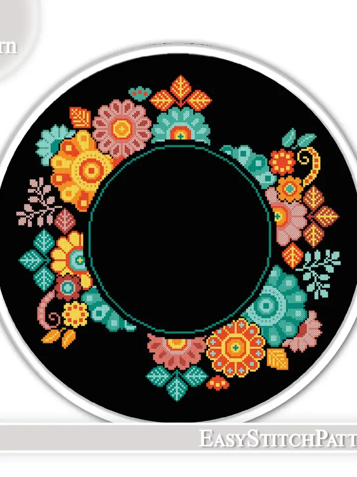 Floral Wreath cross stitch pattern. Flower frame cross stitch. Folk cross stitch pattern.