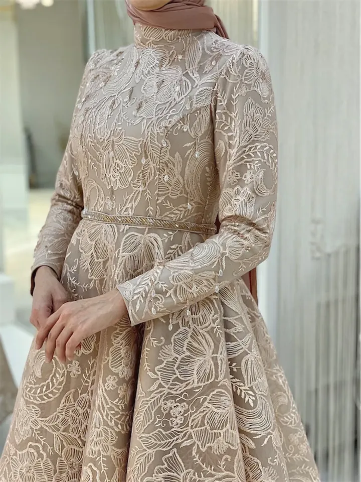 AHUNARE HIJAB - Burç Salmon Lace Embroidered Wedding Dress, Muslim Evening Gown, Nikah, Islamic Wedding, Engagement, Bridesmaid,