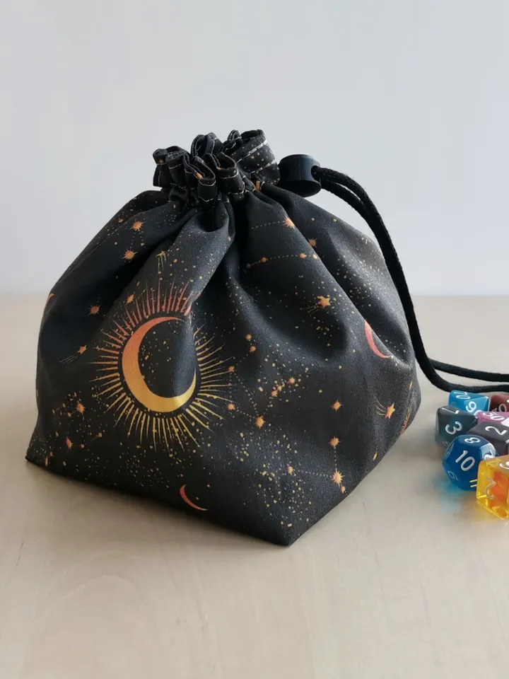 Large dice bag with pockets for 150-200 dice Moon and stars