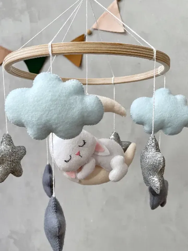 Bunny baby mobile boy blue, Bunny crib mobile boy, Woodland cot mobile baby boy bunny