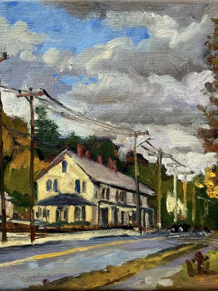 Berkshires Landscape Painting - Autumn Light/North Adams - 8x10 Oil on Linen, Impressionist Plein Air Cityscape Fine Art, Original Oil