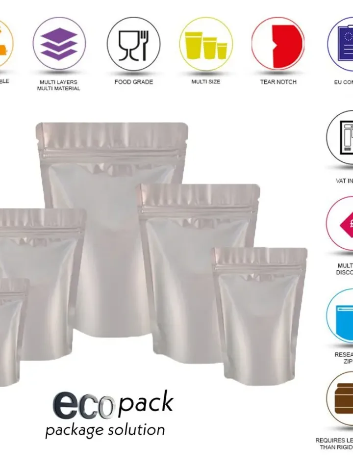 SILVER Mylar Stand Up Pouches with Valve option Resealable Zipper Coffee Bags, Compostable Bag Mylar Foil Coffee Pouch Food Bag With Zip Bag