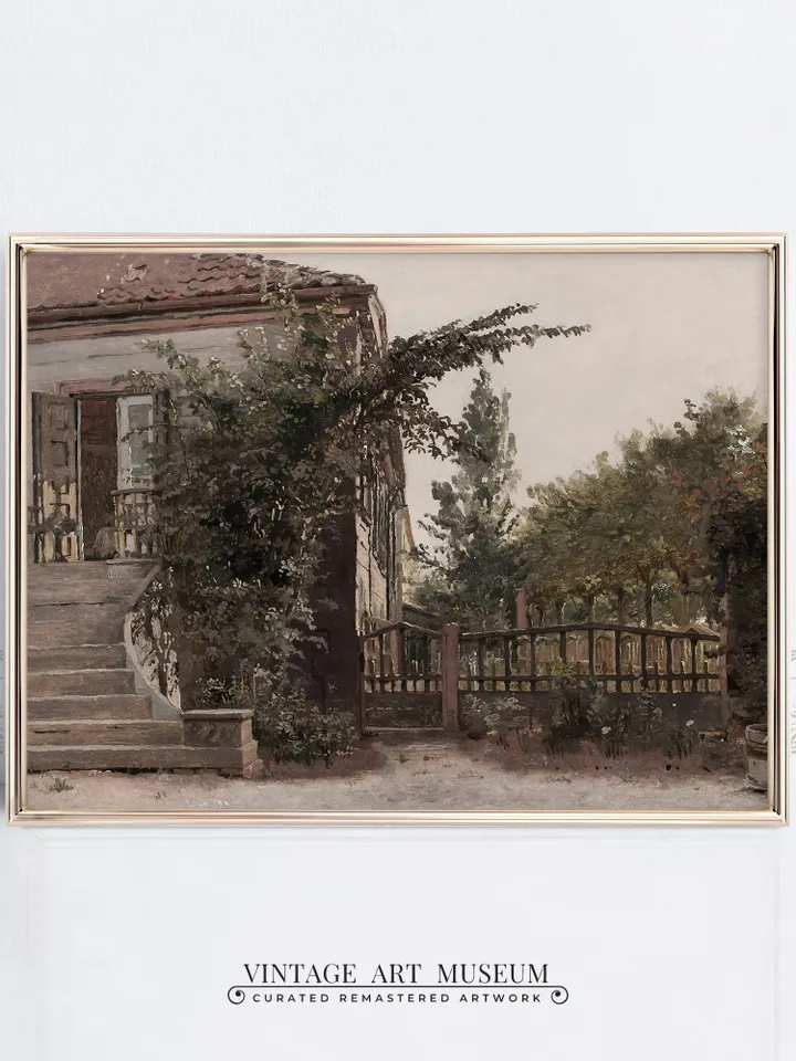 Neutral Cottage Vintage Print, Farmhouse Landscape Painting, PRINTABLE Cottage Core Decor, Digital Downloadable | 50