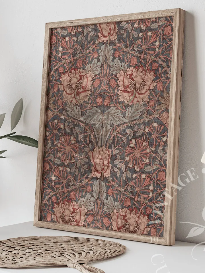 Vintage Textile Wall Art Print by William Morris, Muted Red Abstract Flowers, Art Nouveau PRINTABLE Home Decor | 116