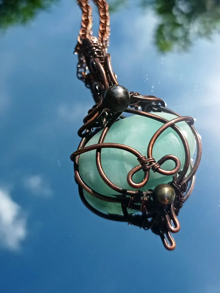 Copper necklace wrapped in wire with amazonite stone, antique style wire pendant, necklace for men, women, amulet
