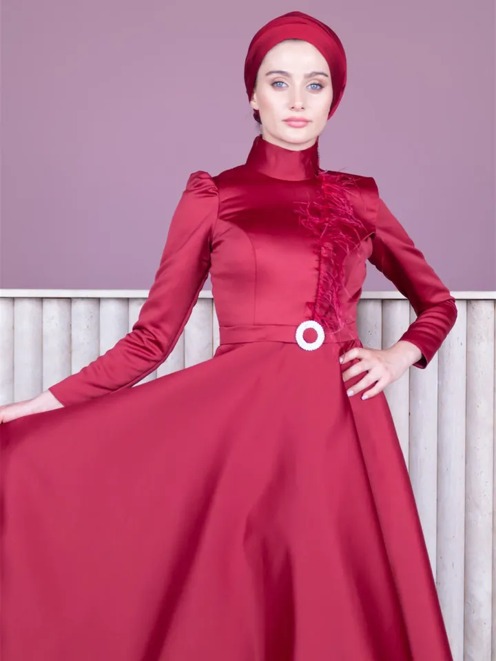 AHUNARE HIJAB - Nazan Red Satin Wedding Dress, Muslim Evening Gown, Nikah, Islamic Wedding, Engagement, Bridesmaid,