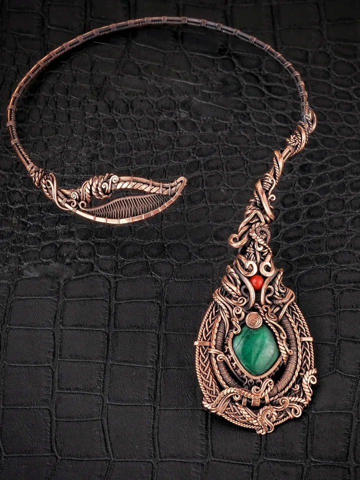 Malachite and jasper collar necklace Unique wire wrapped copper open choker for woman Artisan jewelry Wire Wrap Art