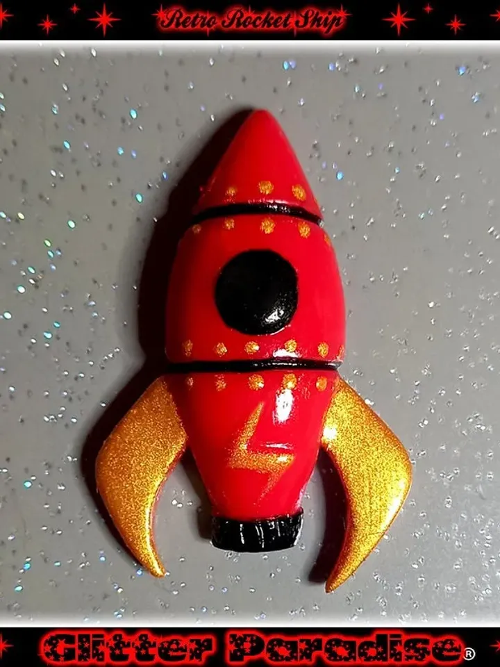Retro Rocket Ship - Brooch - Retro Futurism - Rocket Space Ship Brooch - 50s Atomic Rocket - Retro Atomic 1950's Jewelry - Glitter Paradise®