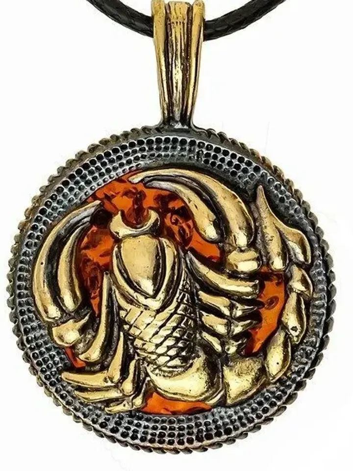 Scorpion Jewelry Necklace For Men Gold Black With Amber Amulet Scorpio Zodiac Sign Round Coin Pendant gift men women