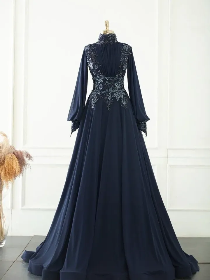 AHUNARE HIJAB - Neva Navy Blue Embroidered Wedding Dress, Muslim Evening Gown, Nikah, Islamic Wedding, Engagement, Bridesmaid,