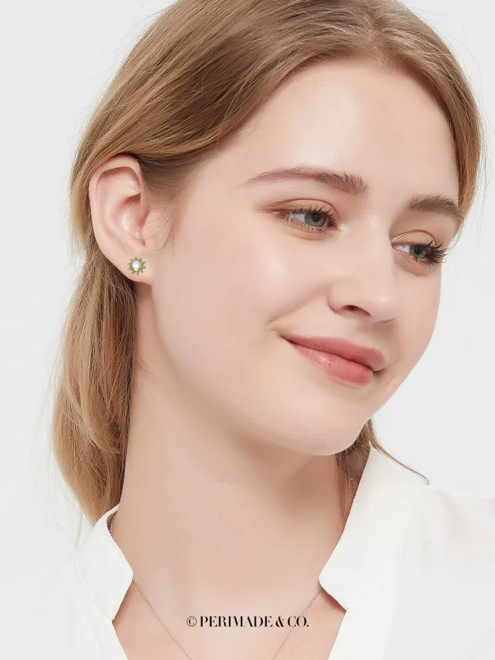 PERIMADE Sun Moonstone Stud Earrings • Dainty Gold Mini Sun Earrings • Sterling Silver Friendship Jewelry • Trendy Best Friend Gift