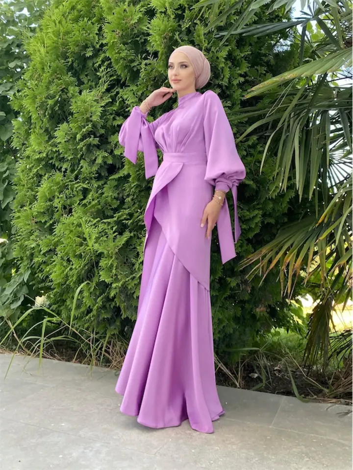 AHUNARE HIJAB - Afra Powder Satin Wedding Dress, Muslim Evening Gown, Nikah, Islamic Wedding, Engagement, Bridesmaid,