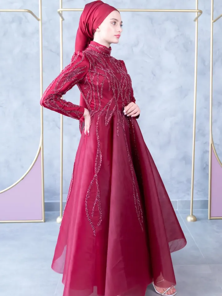 AHUNARE HIJAB - Petek Burgundy Embroidered Wedding Dress, Muslim Evening Gown, Nikah, Islamic Wedding, Engagement, Bridesmaid,