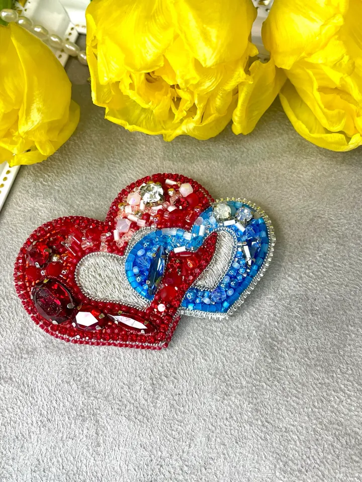 Beaded Brooch Hearts in Red and Blue Color, Handmade Embroidered Accessory, Pin Brooch, Heart Brooch