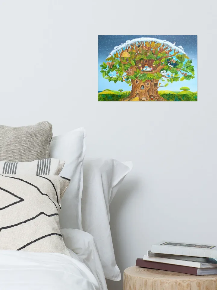 Big tree, Magic Oak with treehouses, little people, gnomes and elves, landscape, house art, Poster with author&#39;s painting, nursery décor