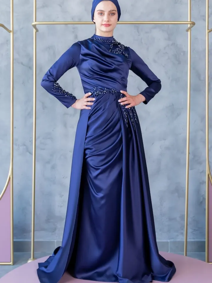 Mercan Navy Blue Satin Tailed Embroidered Ahunare Wedding Dress, Muslim Evening Gown, Islamic Wedding, Engagement, Bridesmaid, Maxi Dress
