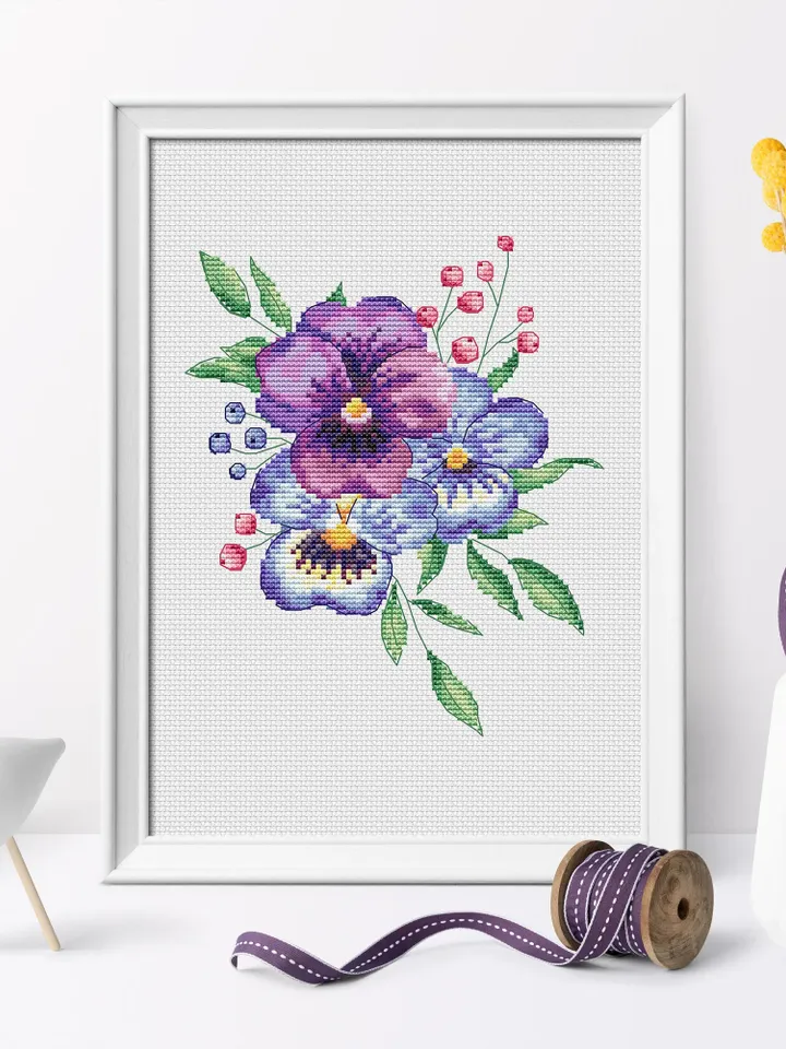 Pansies Cross Stitch Pattern PDF, Pansy Cross Stitch Pattern, Spring Flowers Cross Stitch Pattern, Modern Embroidery Flowers