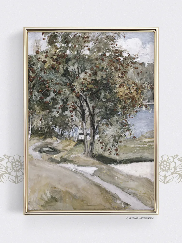 Single Rowan Tree Painting Vintage Art, Printable Landscape, Rustic Home Decor Digital Download | 76