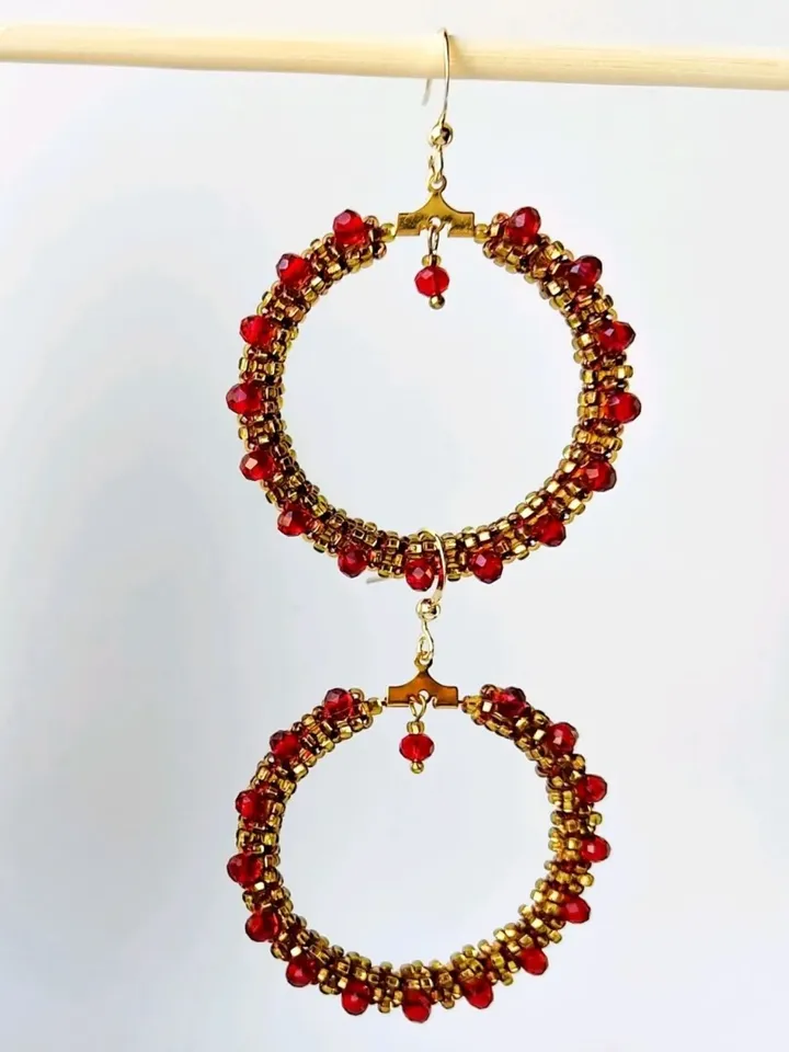 Hoop earrings with red faceted beads beaded round earrings seedbead earrings boho jewelry