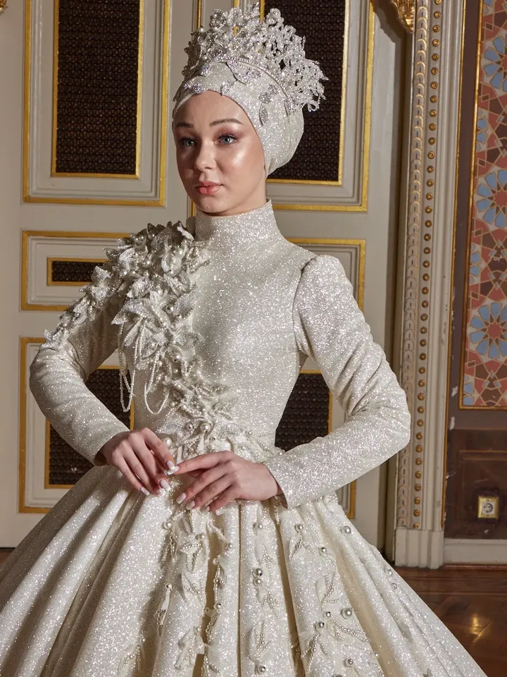 AHUNARE HIJAB - Beyhude White Wedding Embroidered Gown, Bridal, Muslim Wedding, Hijab Wedding, White Wedding Dress, Islamic Wedding