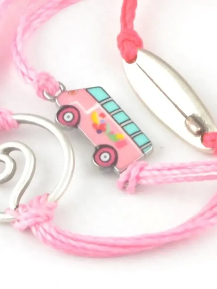 Set of Three Surfer Staking Bracelets, Pink Van WV Surf Board Wave Beach Jewelry, Bohemian Festival Summer Jewellery Minimal String Bracelet