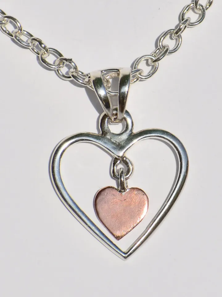 Hollow Silver Heart Necklace, Copper Heart In Silver Heart Necklace, Sterling Silver Necklace, Handmade Pendant, Pendant With Silver Chain