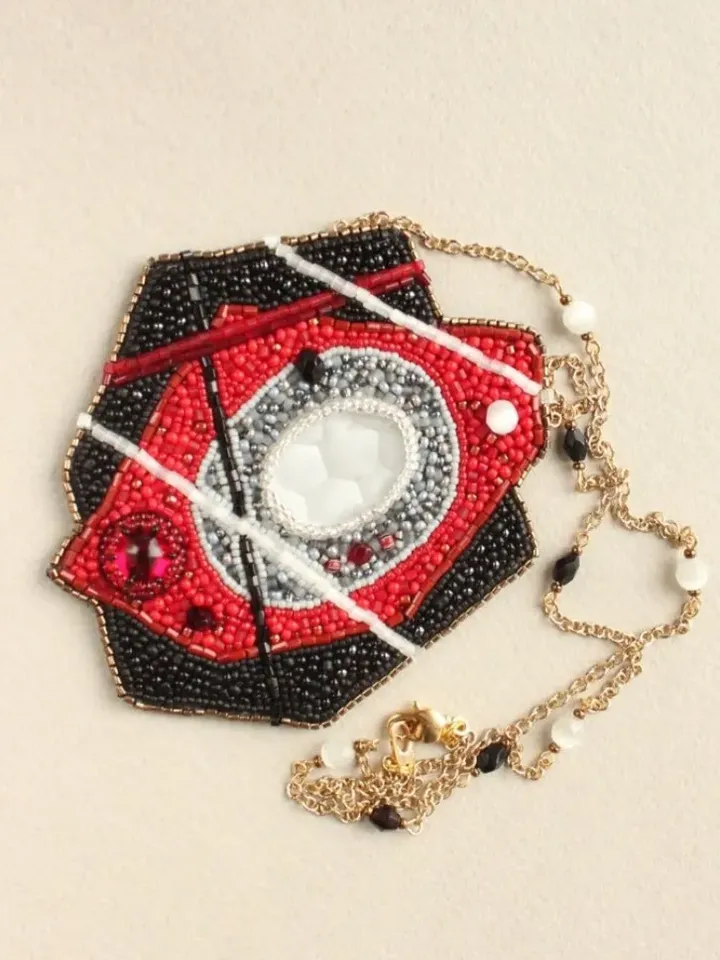 Abstract beaded pendant embroidered necklace modern seed bead jewelry abstraction